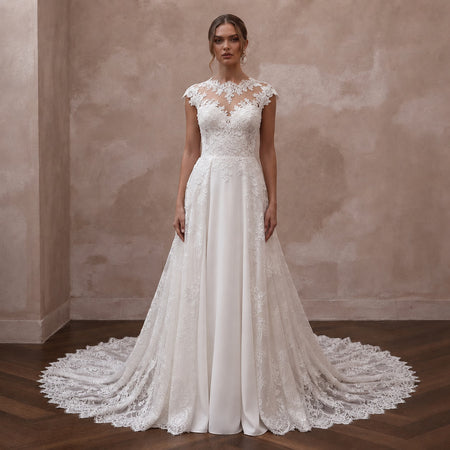 Elegant Lace A - Line Wedding Dress with Detachable Train - Apparel & Accessories > Clothing > Wedding & Bridal Party Dresses > Wedding Dresses - Mignonette Bridal