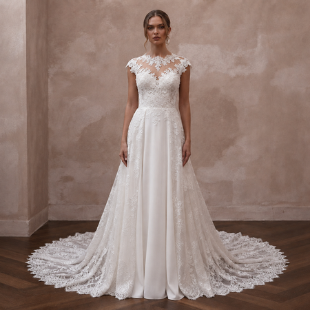 Elegant Lace A-Line Wedding Dress with Detachable Train