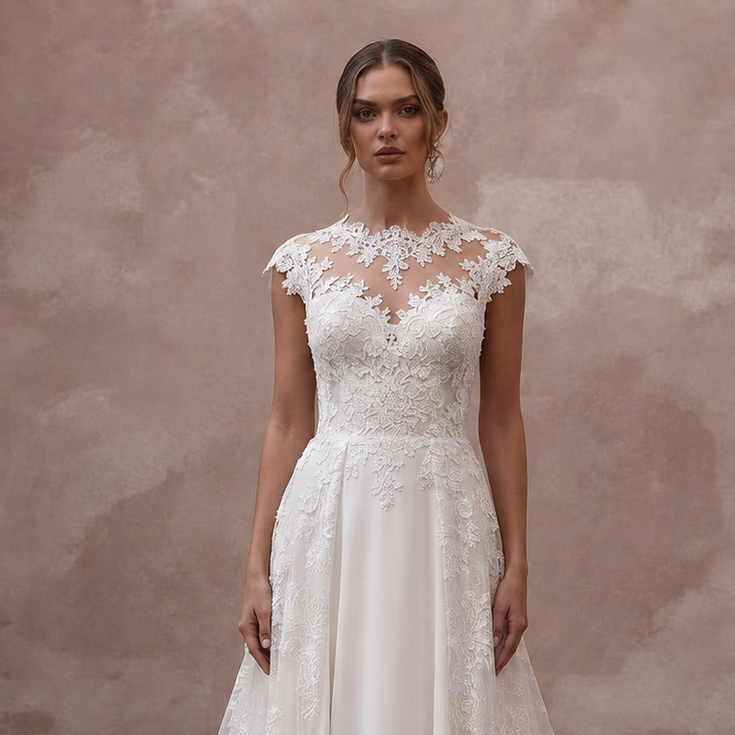 Elegant Lace A - Line Wedding Dress with Detachable Train - Apparel & Accessories > Clothing > Wedding & Bridal Party Dresses > Wedding Dresses - Mignonette Bridal