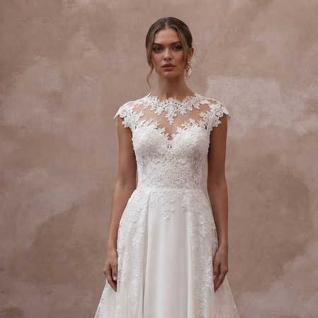 Elegant Lace A - Line Wedding Dress with Detachable Train - Apparel & Accessories > Clothing > Wedding & Bridal Party Dresses > Wedding Dresses - Mignonette Bridal