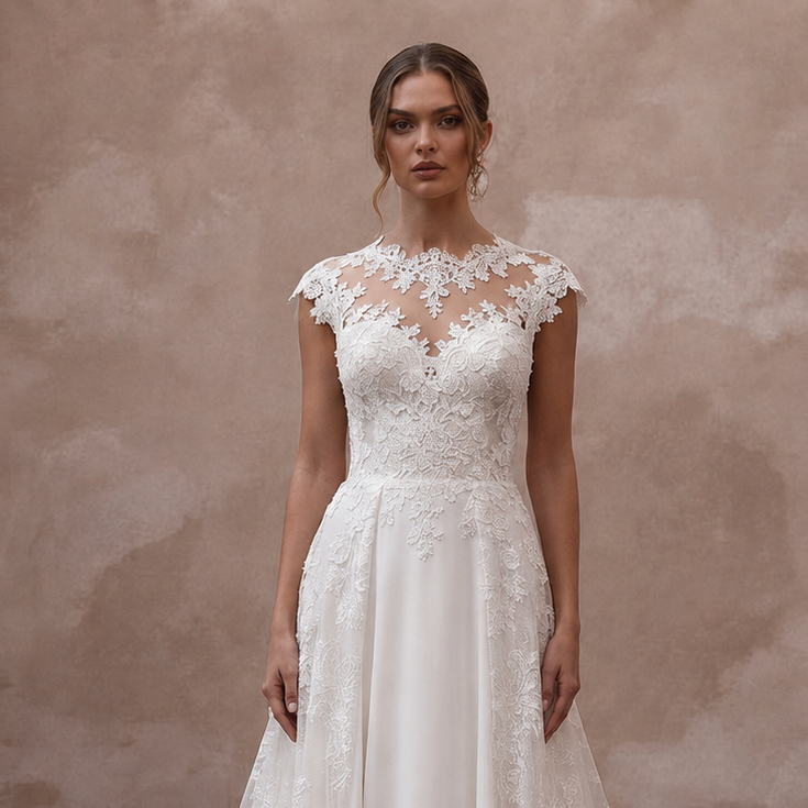 Elegant Lace A-Line Wedding Dress with Detachable Train