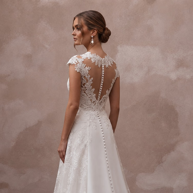 Elegant Lace A - Line Wedding Dress with Detachable Train - Apparel & Accessories > Clothing > Wedding & Bridal Party Dresses > Wedding Dresses - Mignonette Bridal