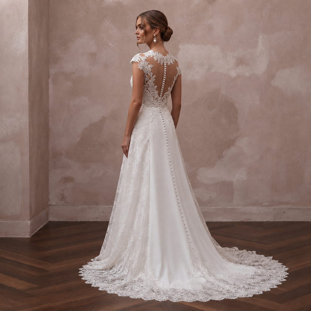 Elegant Lace A-Line Wedding Dress with Detachable Train