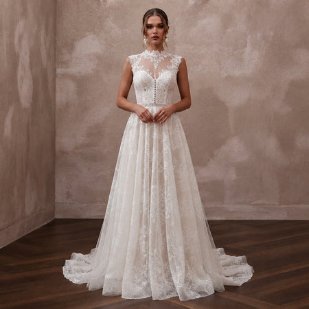 Elegant Lace Backless Wedding Dress with A-Line Silhouette