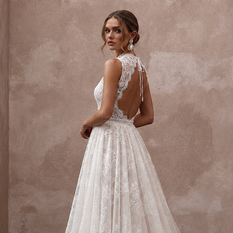 Elegant Lace Backless Wedding Dress with A-Line Silhouette