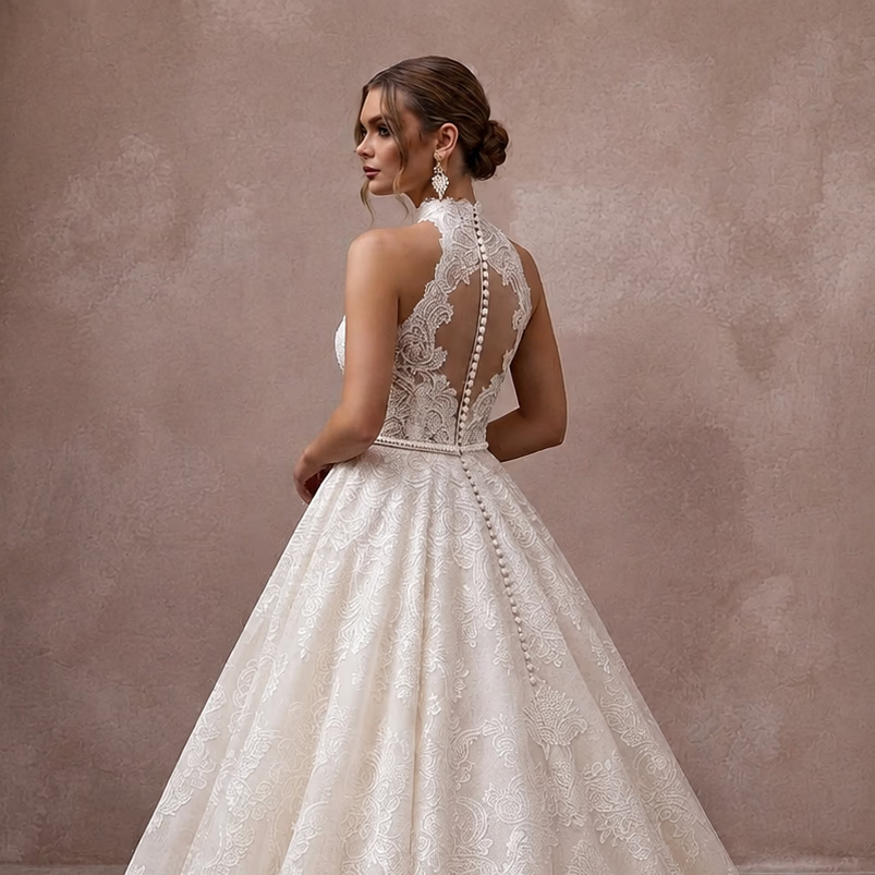 Elegant Lace Ball Gown Wedding Dress for a Church Wedding - Apparel & Accessories > Clothing > Wedding & Bridal Party Dresses > Wedding Dresses - Mignonette Bridal