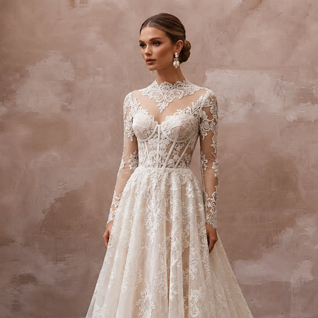 Elegant Lace Bridal Dress with Chapel Train for a Church Wedding