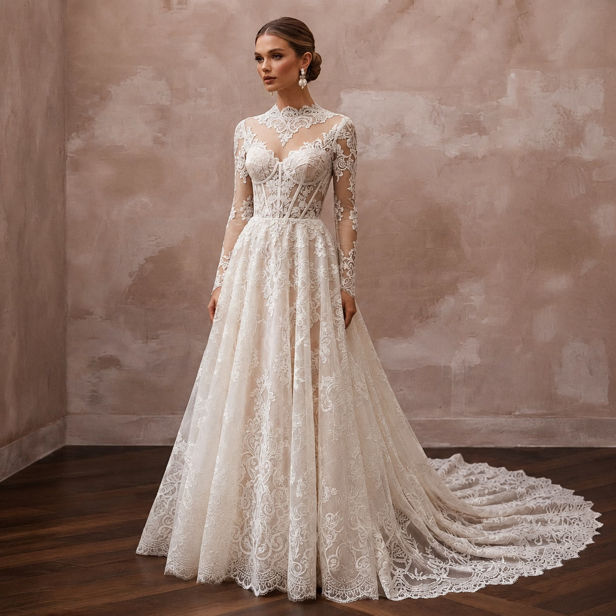 Elegant Lace Bridal Dress with Chapel Train for a Church Wedding Main image