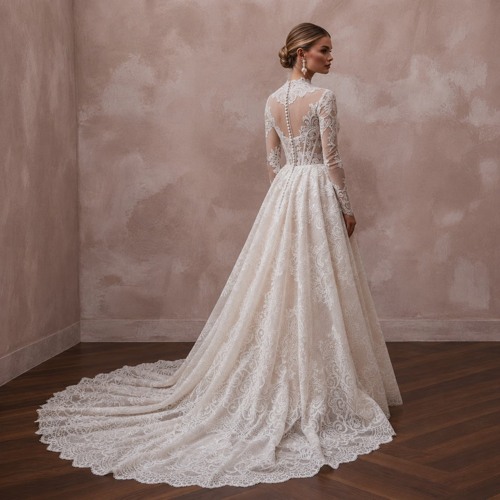 Elegant Lace Bridal Dress with Chapel Train for a Church Wedding