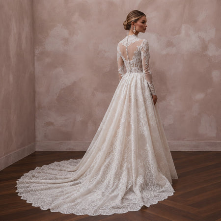 Elegant Lace Bridal Dress with Chapel Train for a Church Wedding