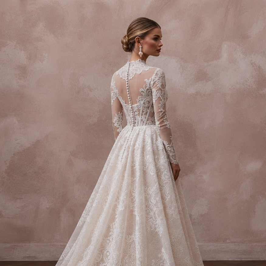 Elegant Lace Bridal Dress with Chapel Train for a Church Wedding