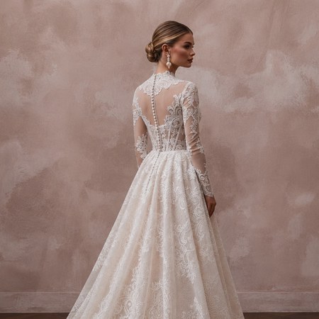 Elegant Lace Bridal Dress with Chapel Train for a Church Wedding
