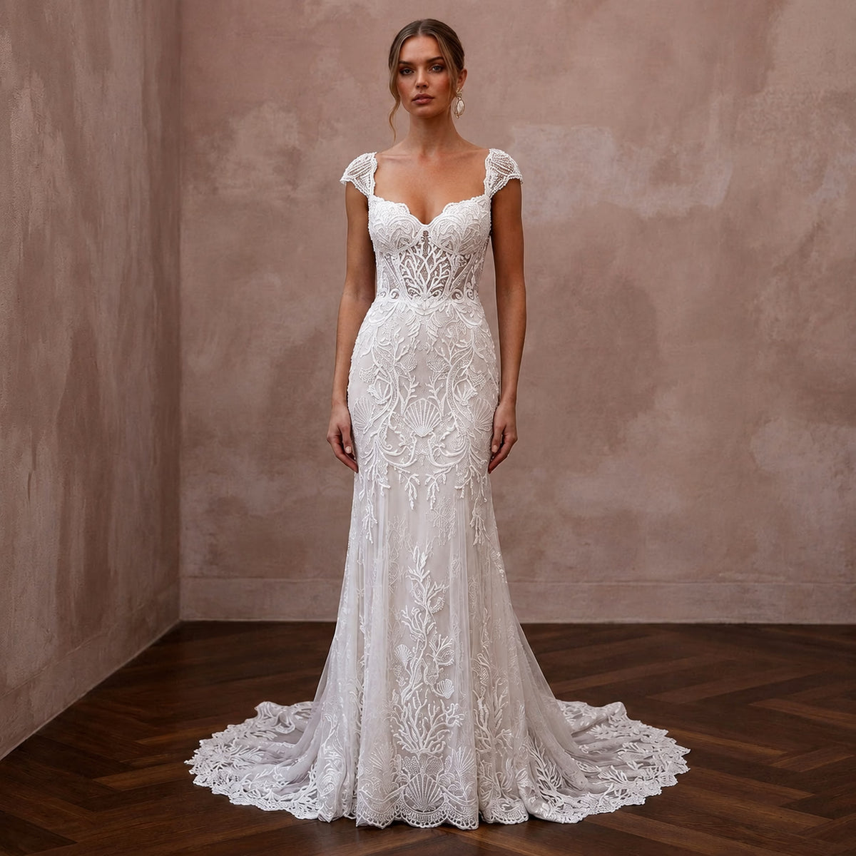 Elegant Lace Bridal Gown for a Coastal Destination Wedding - Apparel & Accessories > Clothing > Wedding & Bridal Party Dresses > Wedding Dresses - Mignonette Bridal