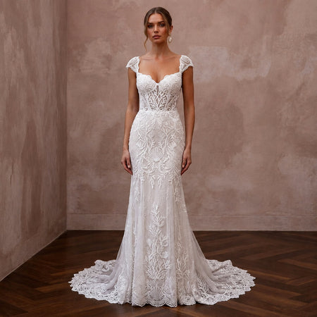 Elegant Lace Bridal Gown for a Coastal Destination Wedding - Apparel & Accessories > Clothing > Wedding & Bridal Party Dresses > Wedding Dresses - Mignonette Bridal
