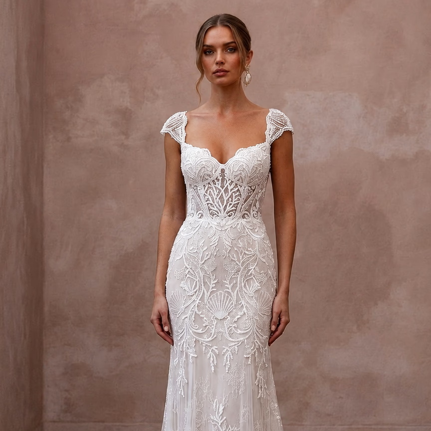 Elegant Lace Bridal Gown for a Coastal Destination Wedding - Apparel & Accessories > Clothing > Wedding & Bridal Party Dresses > Wedding Dresses - Mignonette Bridal