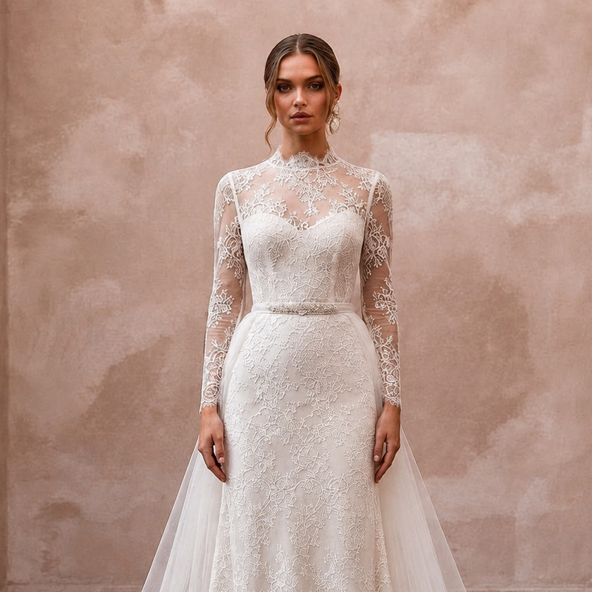 Elegant Lace Bridal Gown with Detachable Train