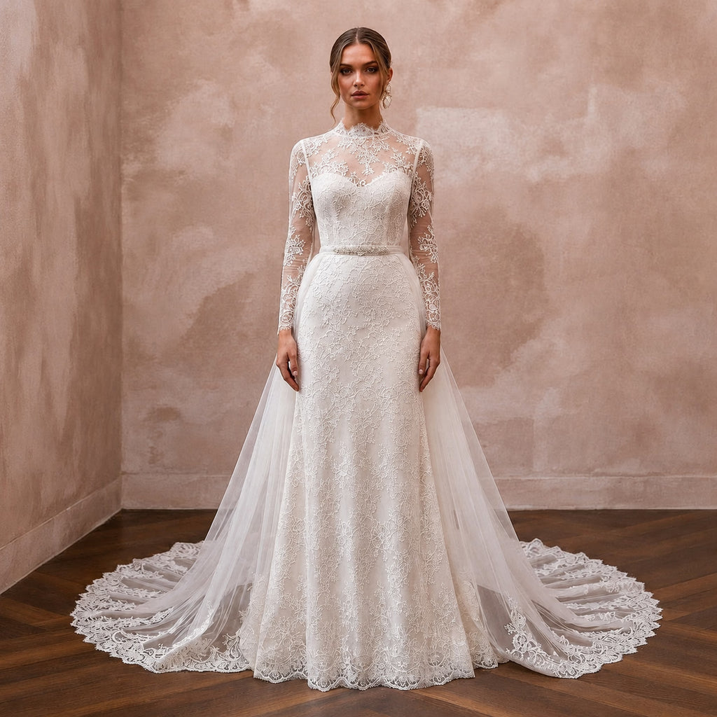 Elegant Lace Bridal Gown with Detachable Train