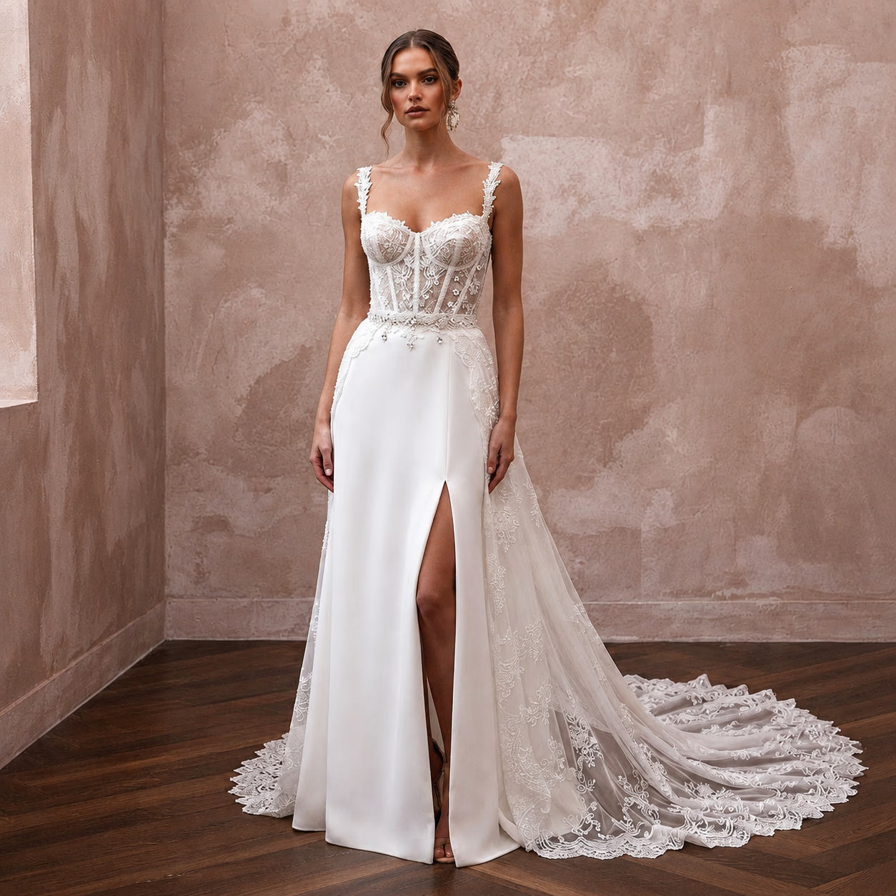 Elegant Lace Corset Wedding Dress with Detachable Train
