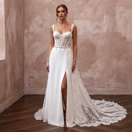 Elegant Lace Corset Wedding Dress with Detachable Train