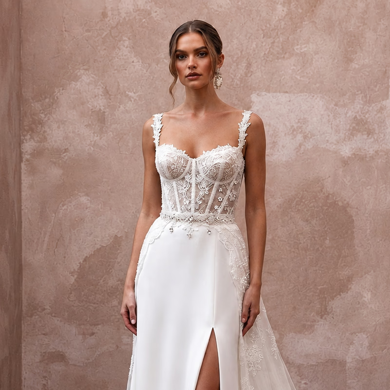 Elegant Lace Corset Wedding Dress with Detachable Train