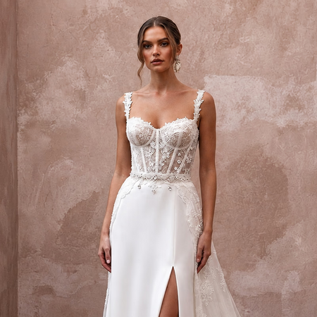 Elegant Lace Corset Wedding Dress with Detachable Train