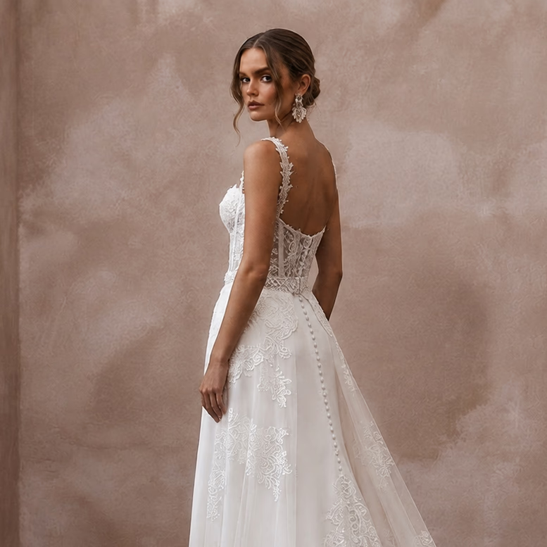 Elegant Lace Corset Wedding Dress with Detachable Train