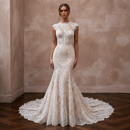 Elegant Lace Trumpet Wedding Dress for a Formal Wedding - Apparel & Accessories > Clothing > Wedding & Bridal Party Dresses > Wedding Dresses - Mignonette Bridal
