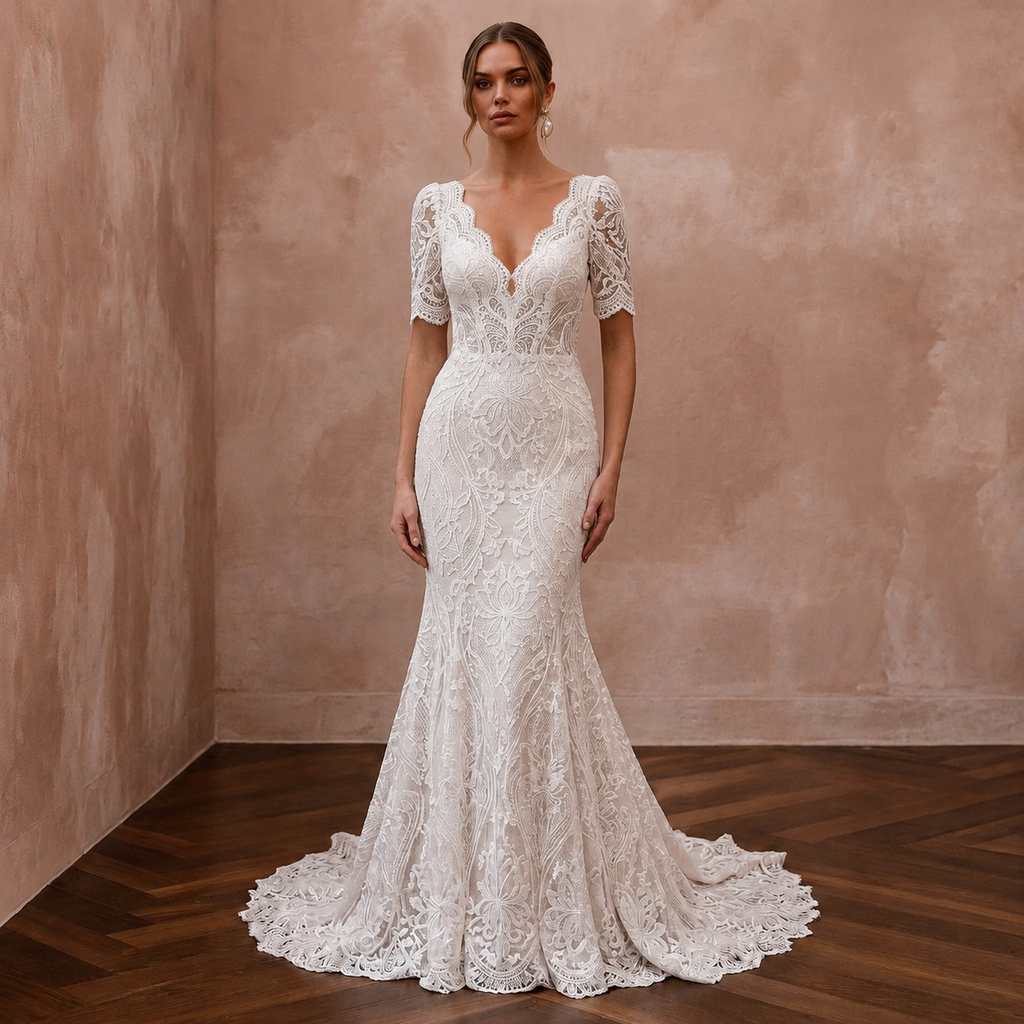 White lace V-neck wedding dress with short sleeves and mermaid silhouette