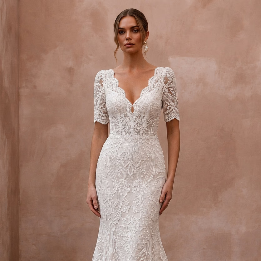 White lace V-neck wedding dress with short sleeves and fitted mermaid shape