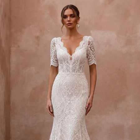 White lace V-neck wedding dress with short sleeves and fitted mermaid shape