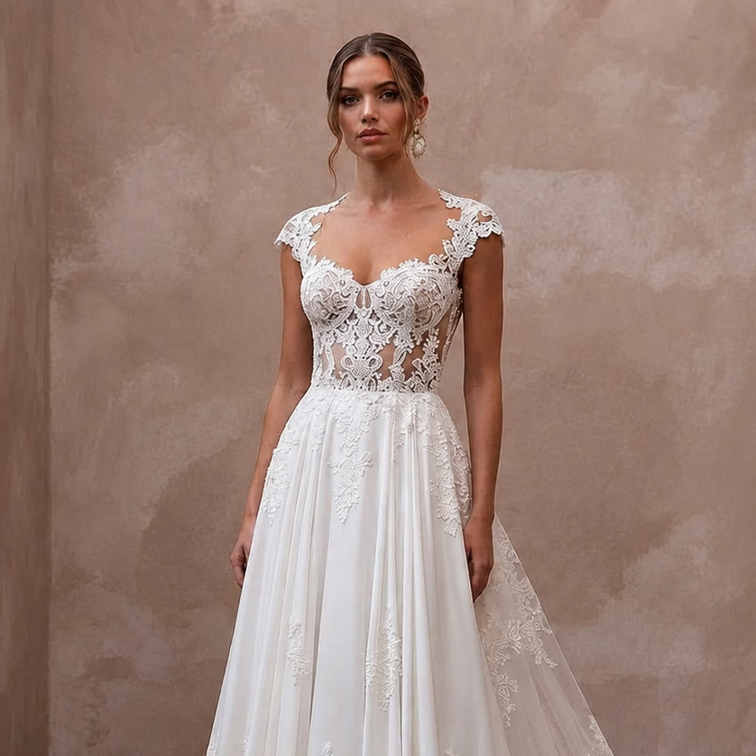 Elegant Lace Wedding Dress with Detachable Train and A-Line Silhouette