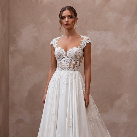 Elegant Lace Wedding Dress with Detachable Train and A-Line Silhouette