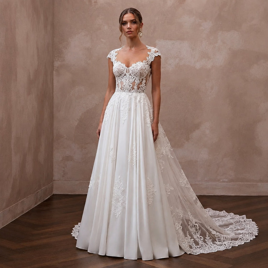 Elegant Lace Wedding Dress with Detachable Train and A-Line Silhouette