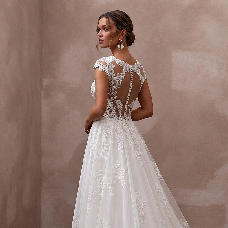 Elegant Lace Wedding Dress with Detachable Train and A-Line Silhouette