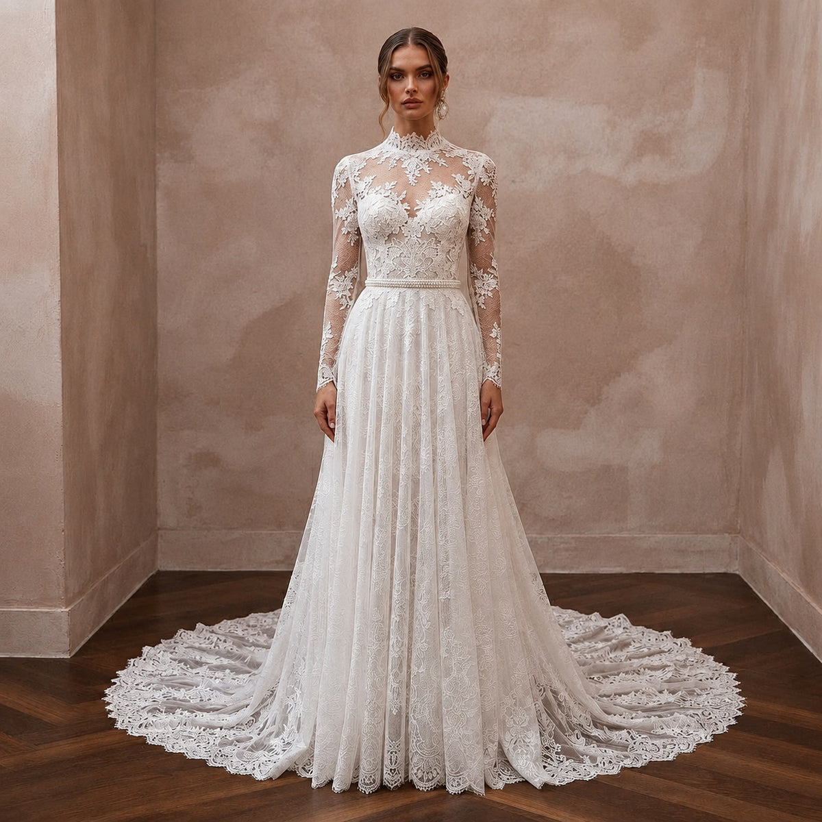 White lace wedding dress with long sleeves, high neckline, and full tiered skirt Main image
