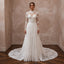 White lace wedding dress with long sleeves, high neckline, and full tiered skirt
