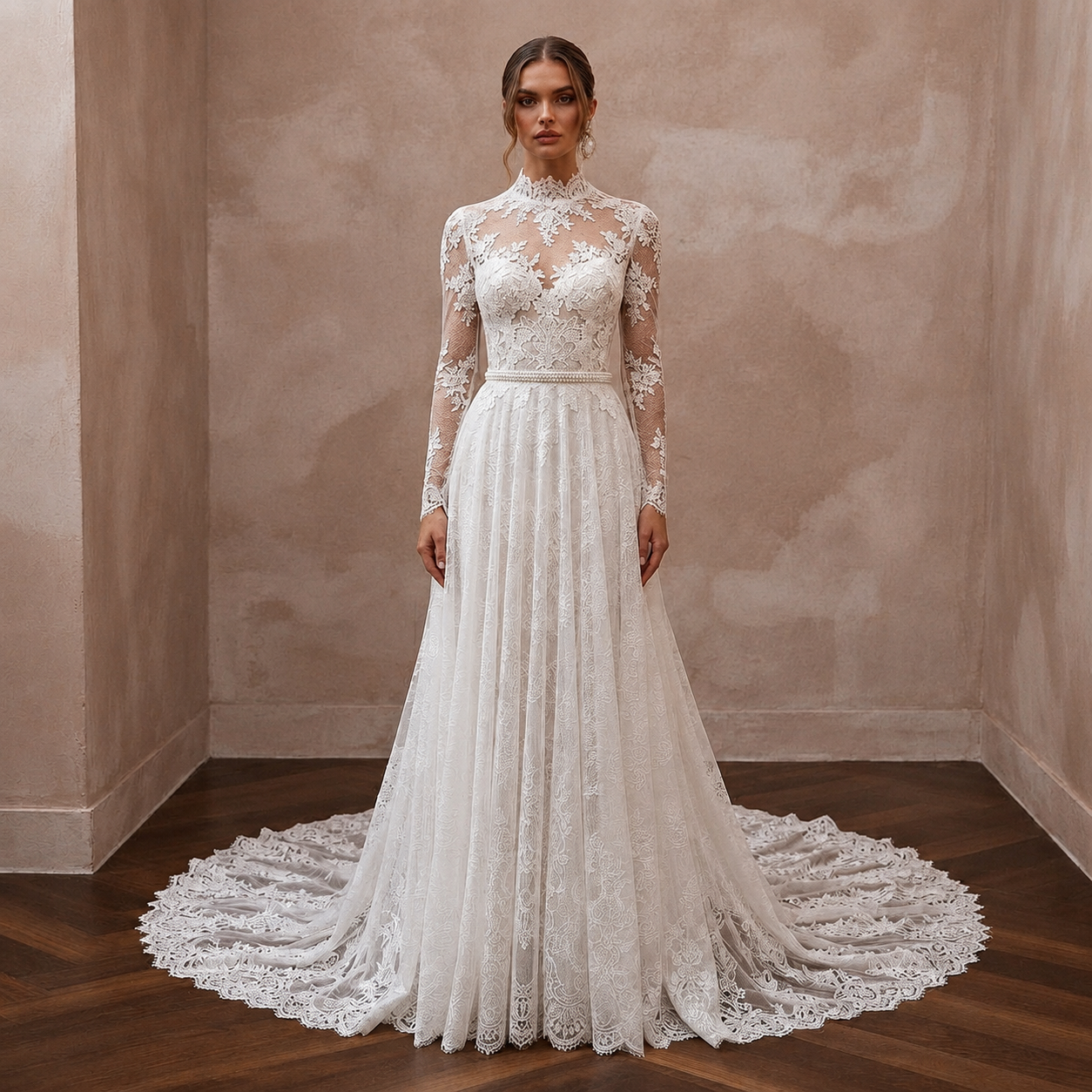 White lace wedding dress with long sleeves, high neckline, and full tiered skirt