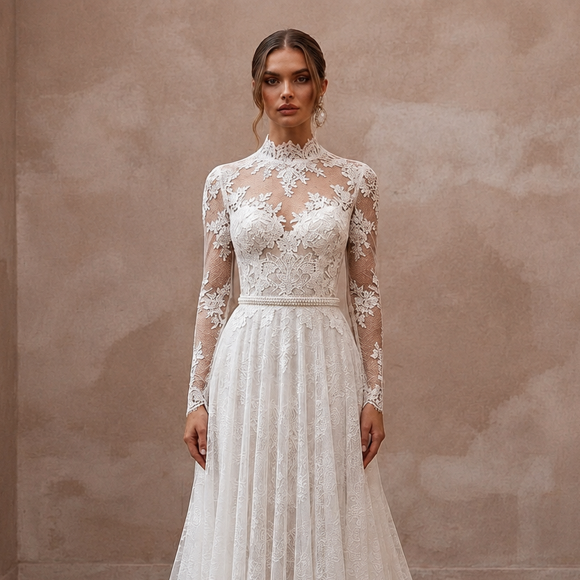 White lace wedding dress with long sleeves, high neckline, and textured bodice