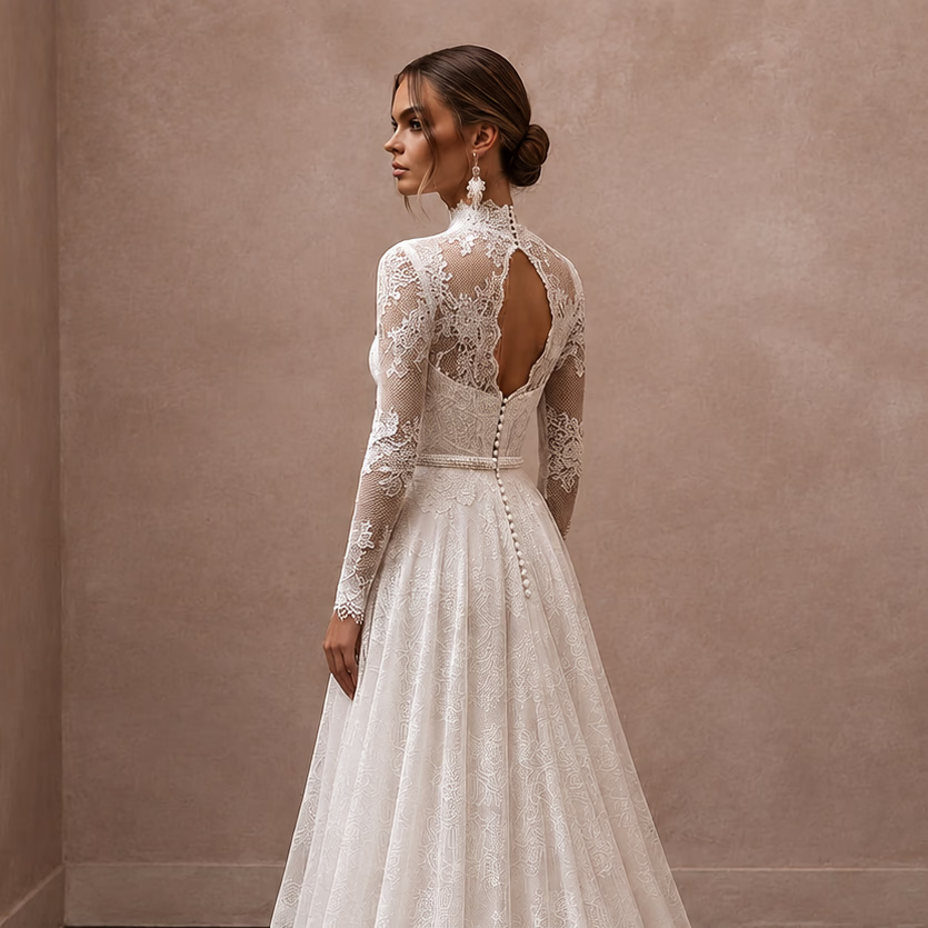 White lace wedding dress with long sleeves, open back lace panels, and lace buttons