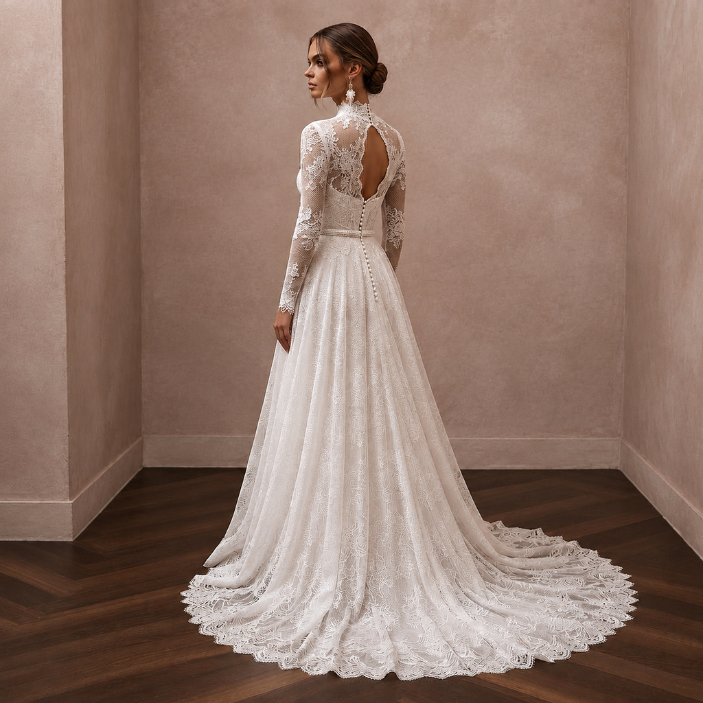 White lace wedding dress with long sleeves and open back detail, flowing skirt