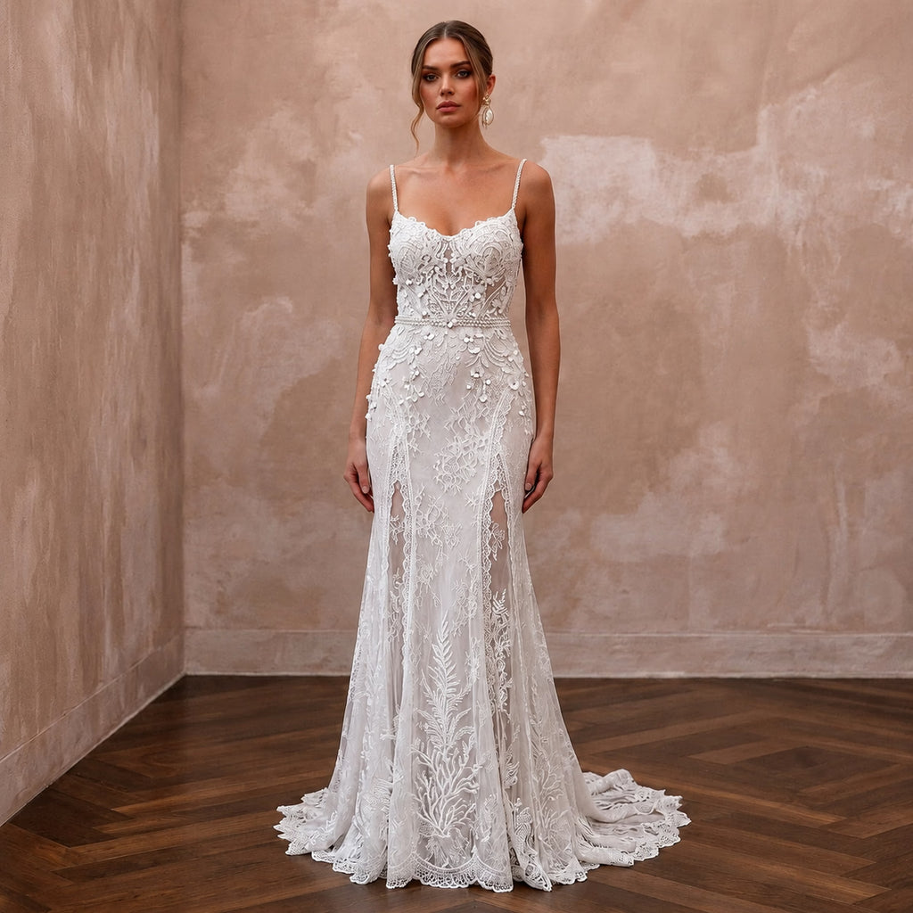 Elegant Lace Wedding Dress with Spaghetti Straps for a Beach Wedding