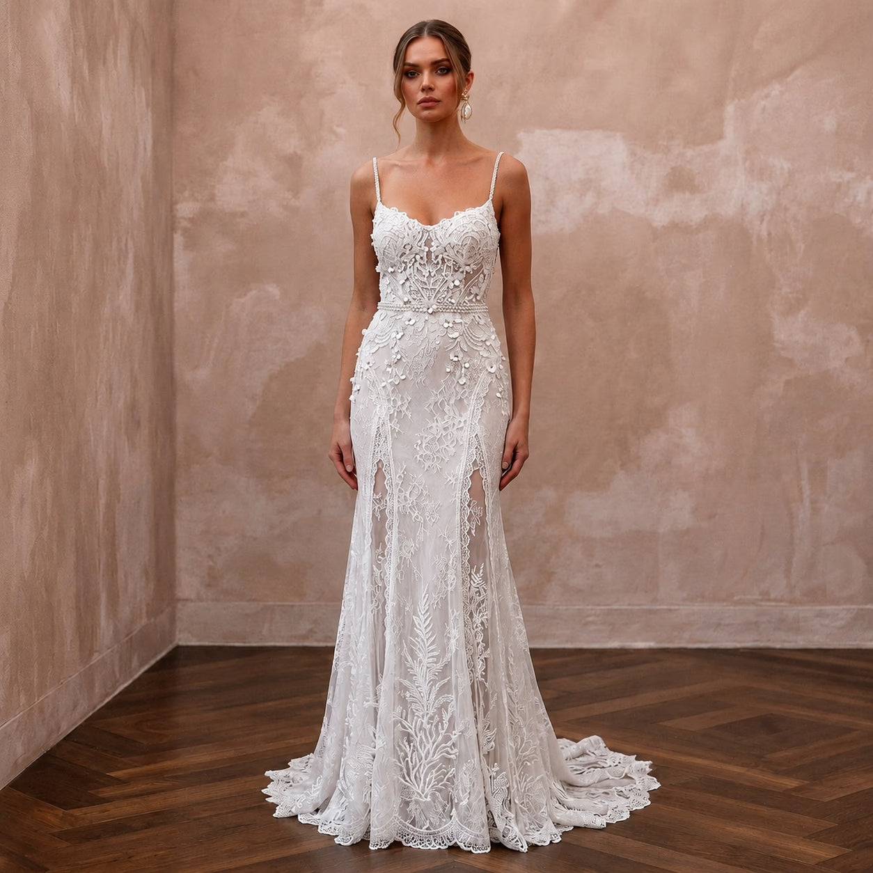 Elegant Lace Wedding Dress with Spaghetti Straps for a Beach Wedding