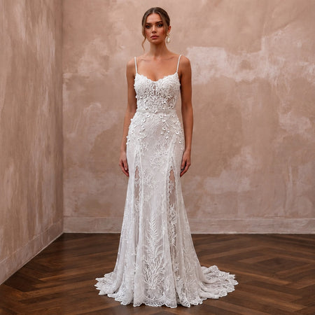 Elegant Lace Wedding Dress with Spaghetti Straps for a Beach Wedding