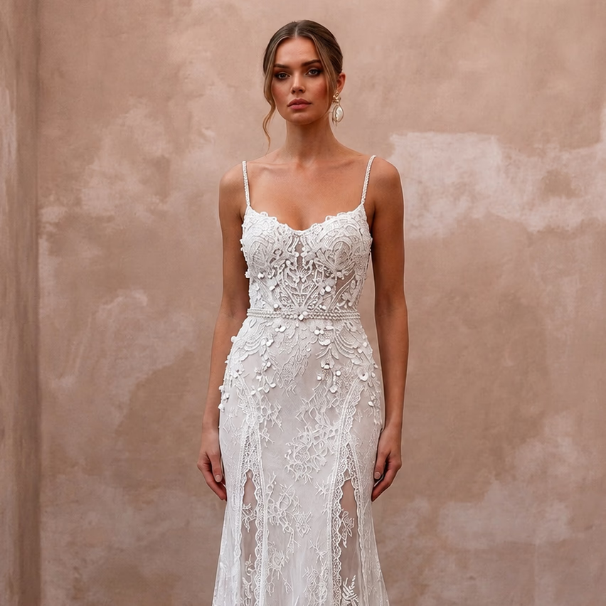 Elegant Lace Wedding Dress with Spaghetti Straps for a Beach Wedding