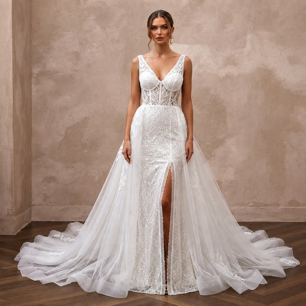 Elegant Lace Wedding Gown with Detachable Train for a Beach Wedding