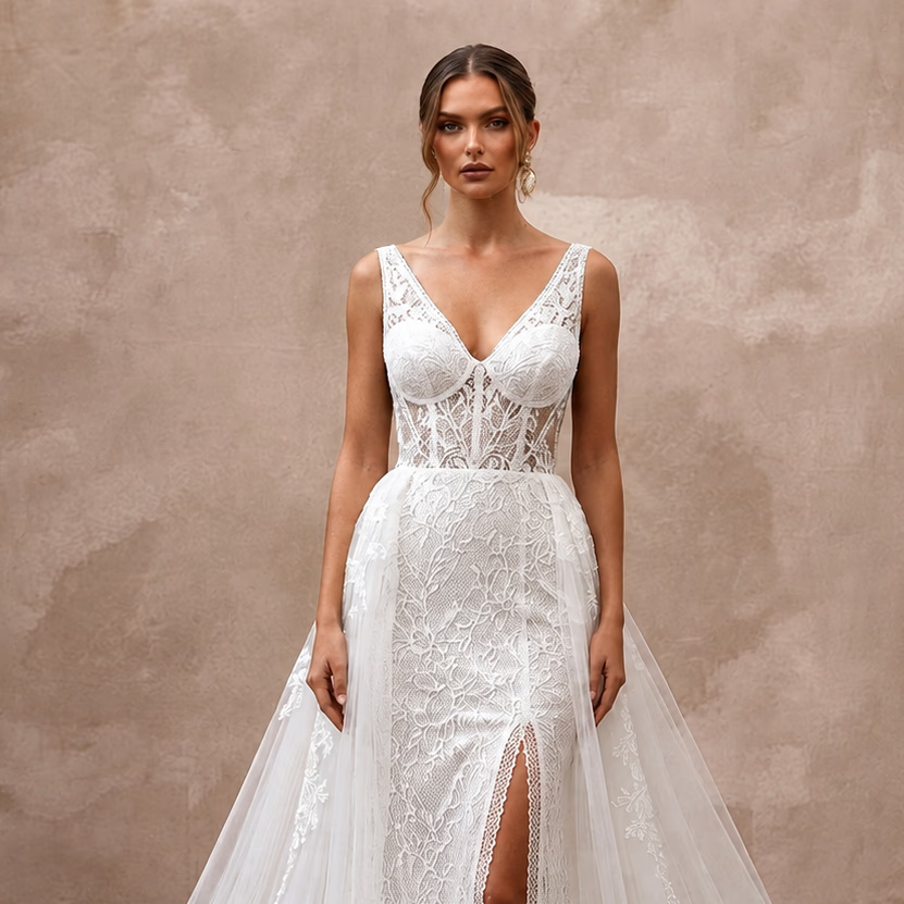 Elegant Lace Wedding Gown with Detachable Train for a Beach Wedding