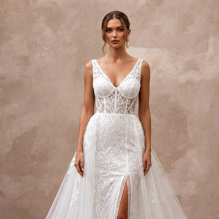 Elegant Lace Wedding Gown with Detachable Train for a Beach Wedding