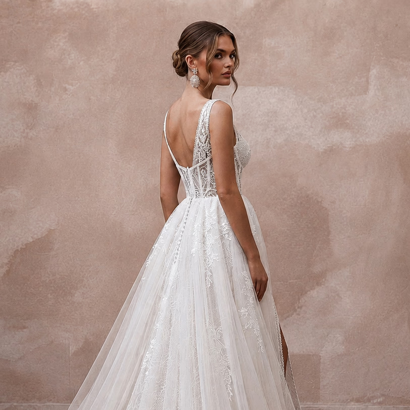 Elegant Lace Wedding Gown with Detachable Train for a Beach Wedding