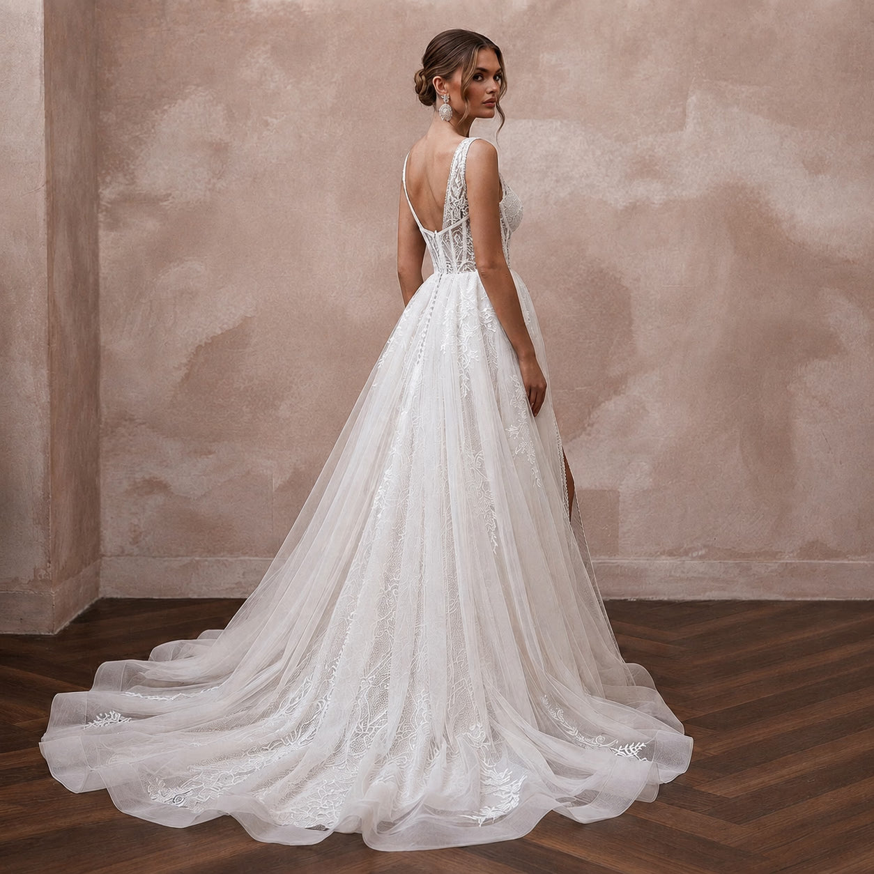 Elegant Lace Wedding Gown with Detachable Train for a Beach Wedding Secondary image