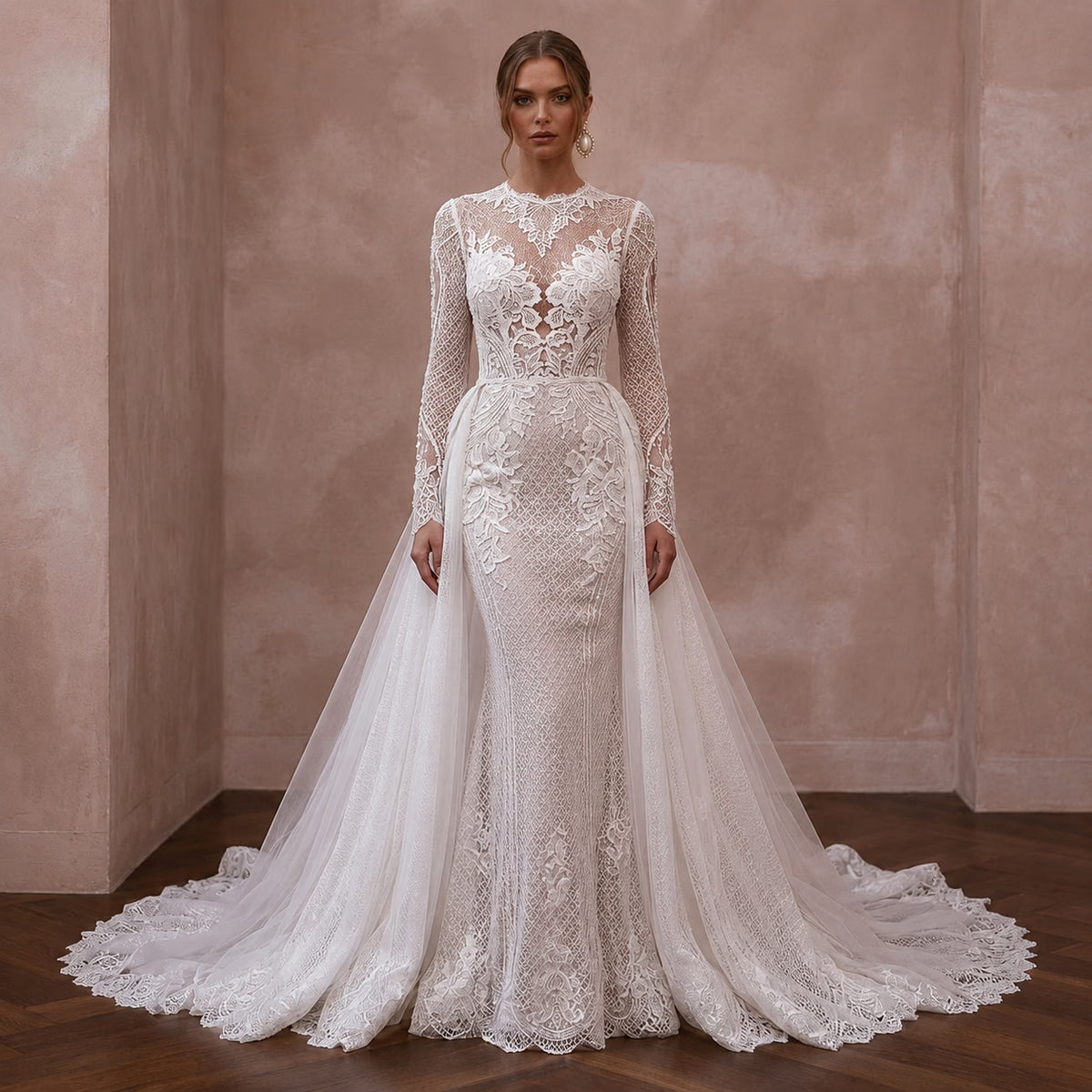 White lace wedding gown with long sleeves and full embroidered skirt, detachable train Main image